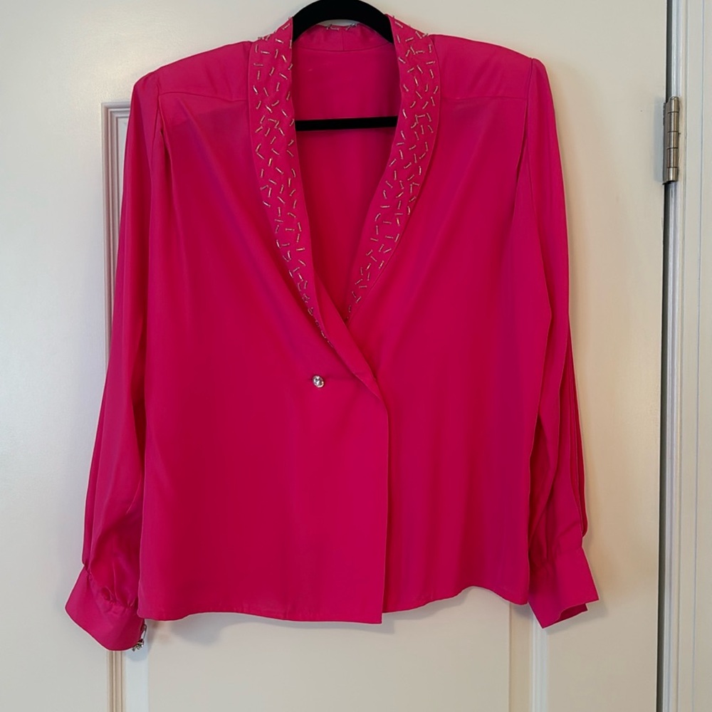 VINTAGE Claus Size 10 | Bright Pink Blouse with Crystal Embellishments
